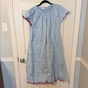 Lake pajamas Light Blue patio Dress with Red Trim